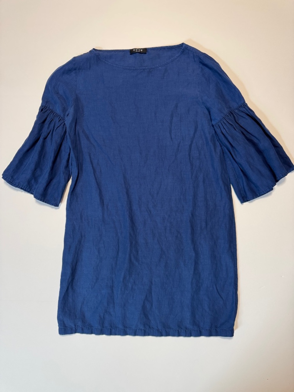 OTTE New York Navy Blue Silk Linen Pleated‎ Bell Sleeve Mini Sheath Dress SM